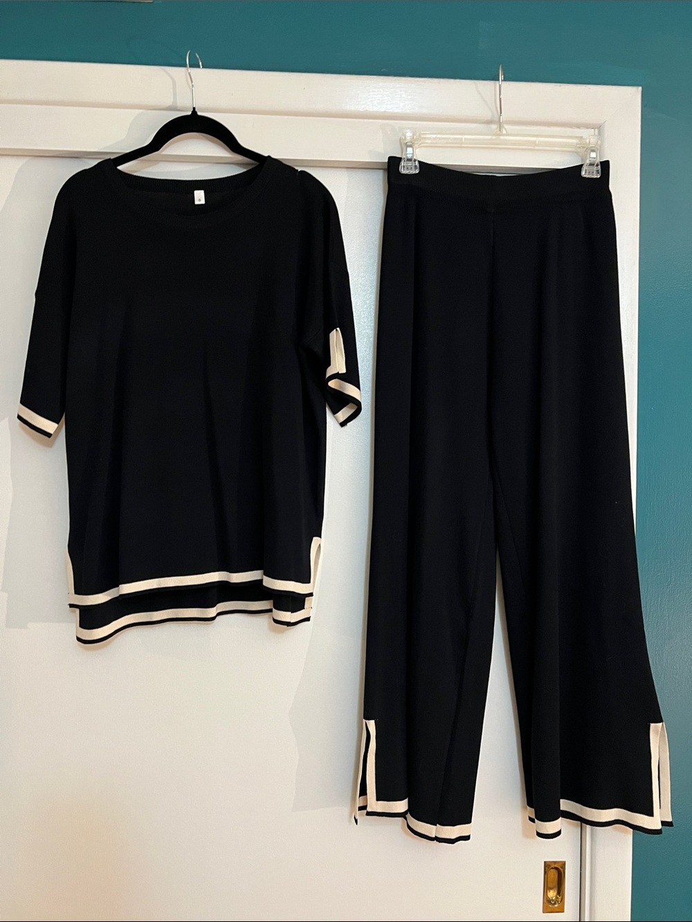 Black Knit Wide-Leg Pants & Top Set with Cream Trim Lounge Set Amazon